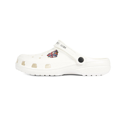 White EVA Foam Clogs with Union Jack Charm