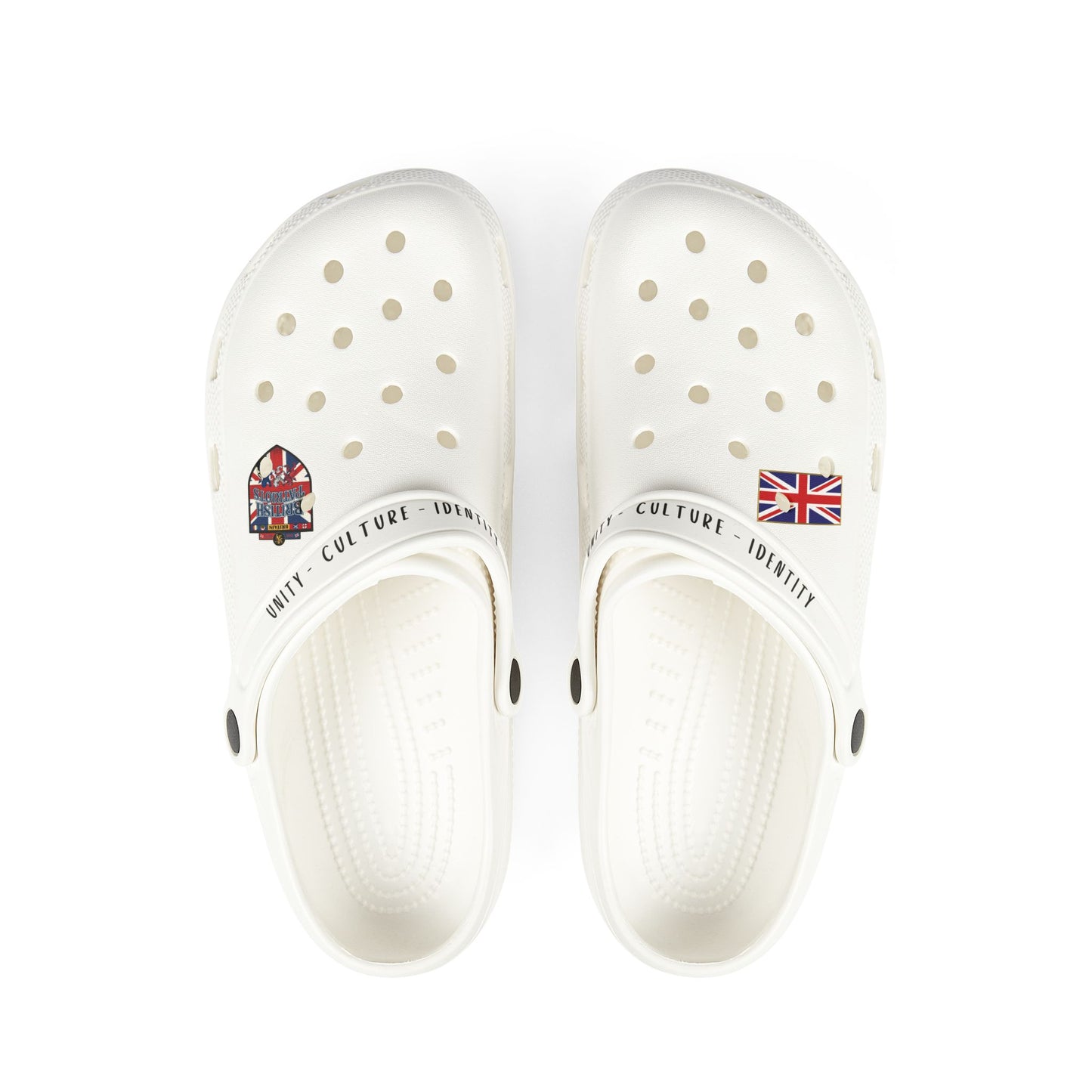 White EVA Foam Clogs with Union Jack Charm