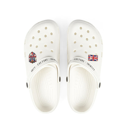 White EVA Foam Clogs with Union Jack Charm